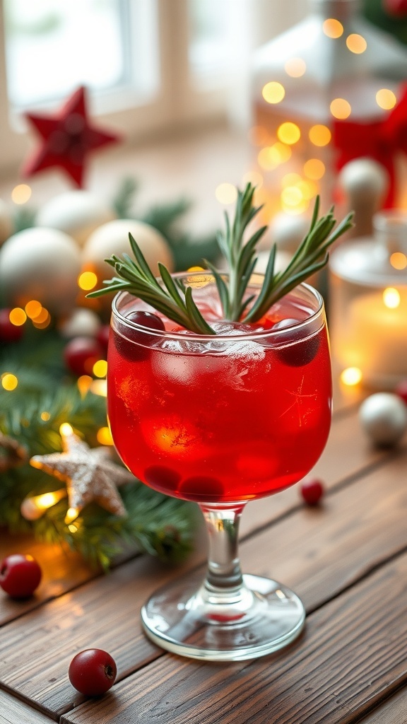 Festive Gin Christmas Cocktails A festive gin cocktail with cranberries and rosemary on a wooden table with holiday decorations.